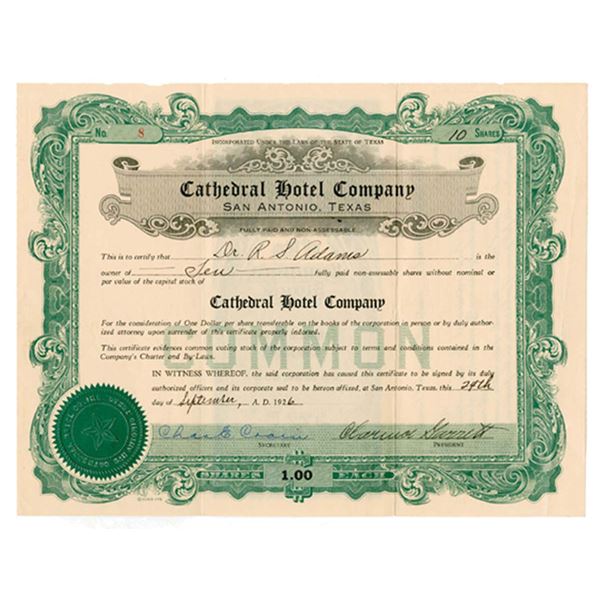 TX. Cathedral Hotel Co., 1926 I/U Stock Certificate