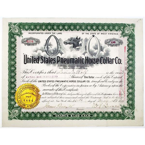 WV. United States Pneumatic Horse Collar Co., 1899 100 Shrs I/U Stock Cert