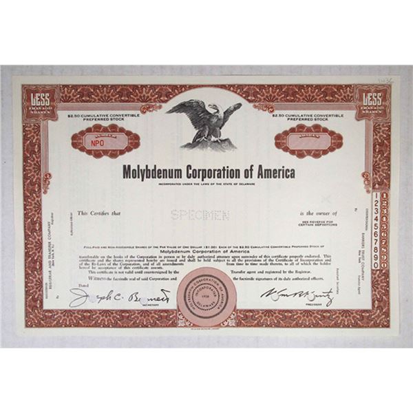 Molybdenum Corp, of America., ND(1950s). <100 Shrs Specimen Preferred Stock Cert