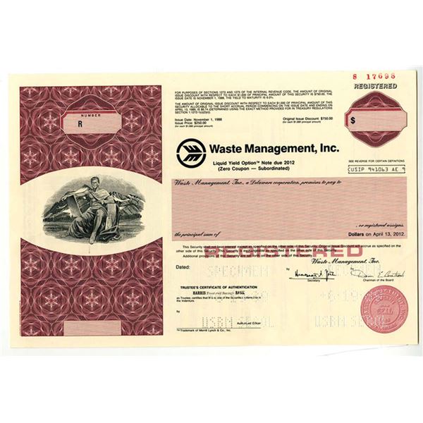 Waste Management, Inc. 1989 $Odd Specimen Zero Coupon Registered Bond, XF JBN