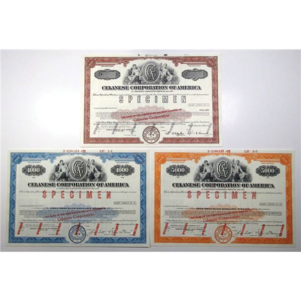 Celanese Corp. of America., 1975-85. Registered 4% Specimen Bond Trio. ABNC. (3)