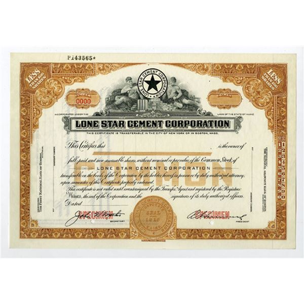 ME. Lone Star Cement Corp., 1950s  <100 Shrs Specimen Stock Cert, XF SBNC