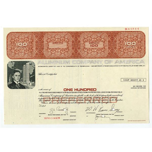 PA. Aluminum Company of America ALCOA 100 Shrs 1970s Stock Cert Specimen SBN