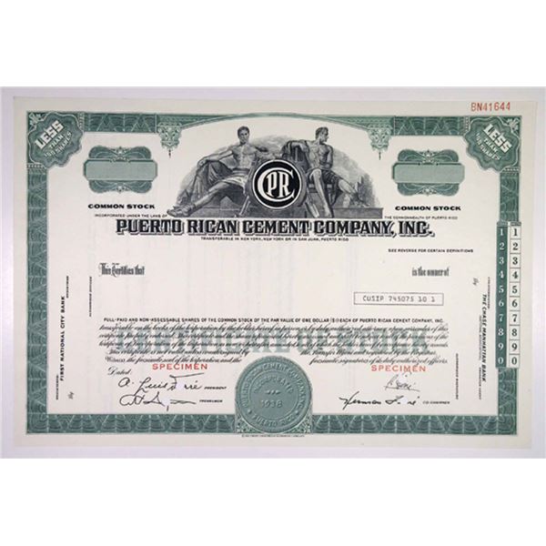 Puerto Rican Cement Co., Inc., 1970s Specimen Stock Certificate, VF SCBN