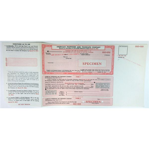 American Telephone & Telegraph Co., 1951 Warrant for Subscription Specimen Cert.