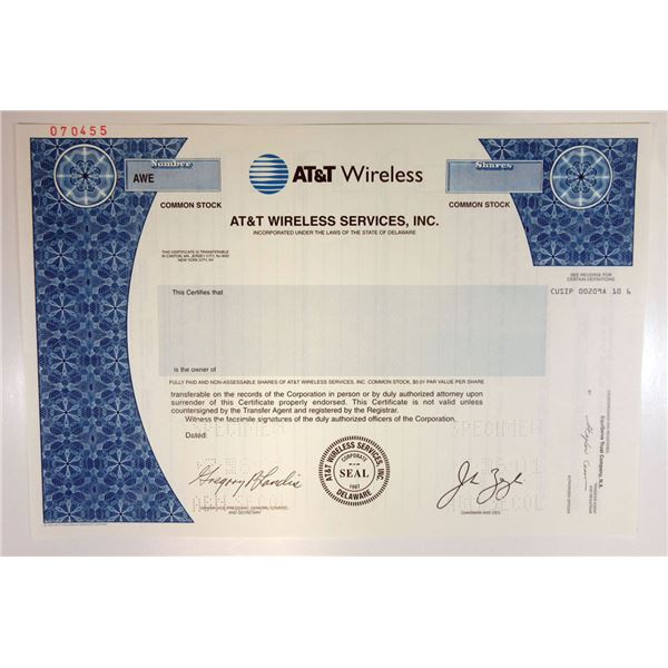 AT&T Wireless Services, Inc. 2001 Specimen Stock Certificate XF Odd Shares SCBN