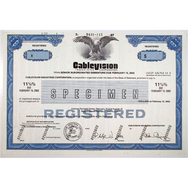 Cablevision Industries Corp., 1987 $Odd Specimen 11.25% Registered Bond, VF ABN