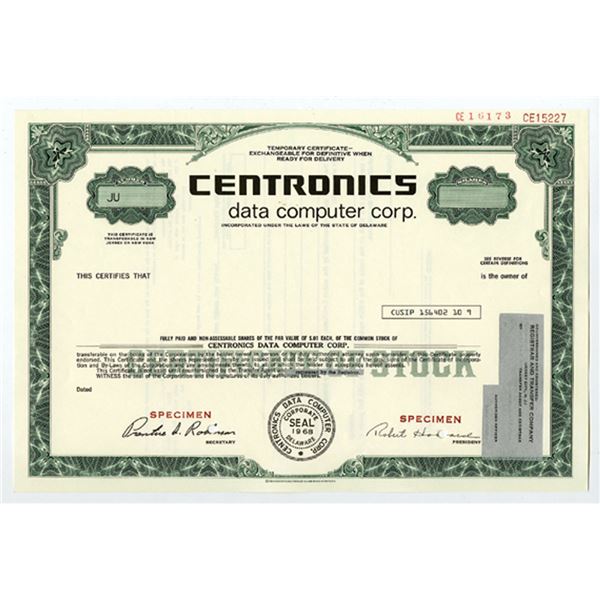 Centronics Data Computer Corp., 1980s Odd Shrs Specimen Stock Cert. XF -Green