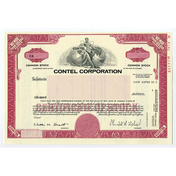 Contel Corp., 1988 <100,000 Shrs Specimen Stock Certificate, XF