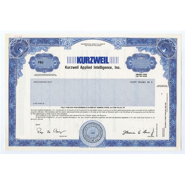 DE. Kurzweil Applied Intelligence Inc 1996 Specimen Odd Shr Stock Certificate XF SC-USBNC