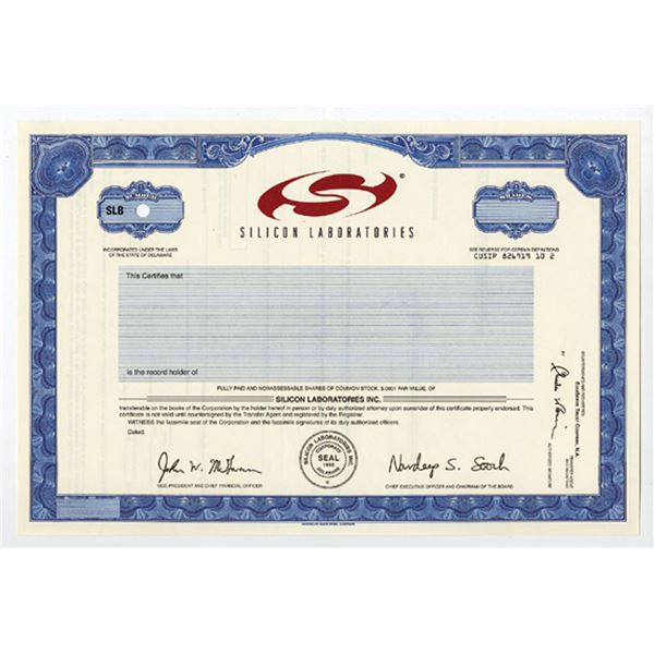 DE. Silicon Laboratories Inc, 1996 Odd Shrs Specimen Stock Certificate, XF ABNC