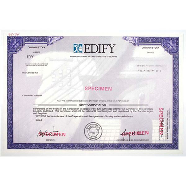 Edify Corp., 1990s Odd Shrs Specimen Stock Cert, VF SCBN