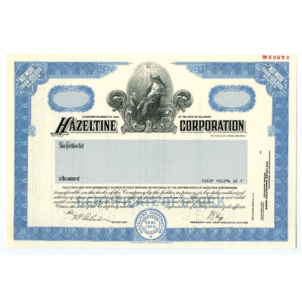 Hazeltine Corp, 1983 <100000 Shrs Common Stock Specimen Certificate XF-Light-blue