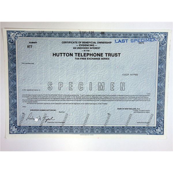 Hutton Telephone Trust, 1988 Odd Units Tax Free Exchange Specimen Cert XF -Blue