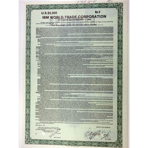 IBM World Trade Corp., 1981 $5,000 Specimen 12 1/2% Coupon Bond, XF ABNC