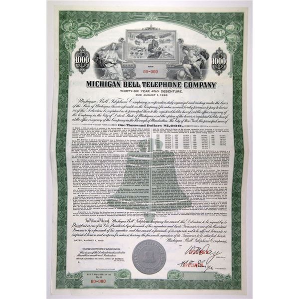 Michigan Bell Telephone Co., 1960 $1000 Specimen 4 5/8% Coupon Bond, VF ABN