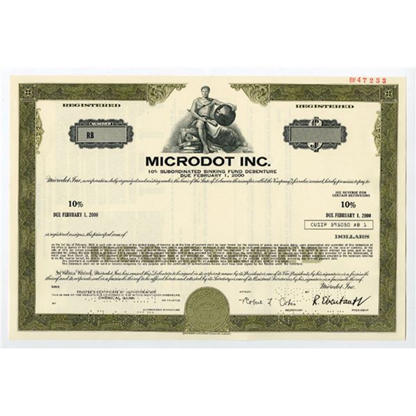 MicroDot Inc., 1975 $Odd Registered 10% Specimen Debenture Bond, XF SCBNC -Green