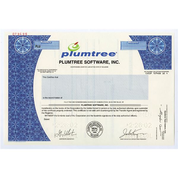 PlumTree Software, Inc., 2002 Odd Shrs Stock Specimen Cert. XF
