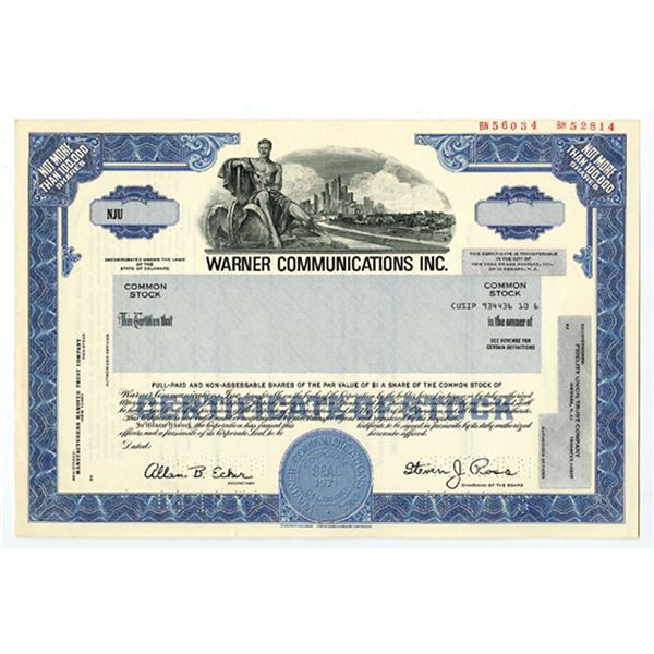 Warner Communications Inc., 1978 <100,000 Shrs Specimen Stock Cert., XF SC-USBN