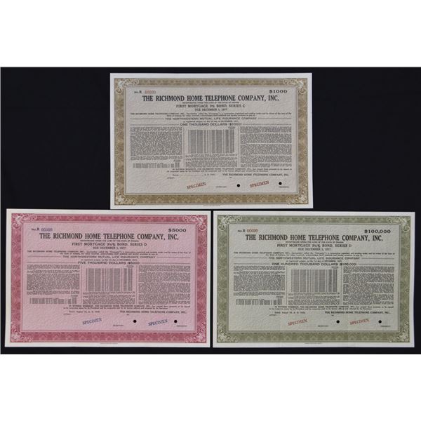 IN. Richmond Home Telephone Co., Specimen Bond Trio, VF ABNC
