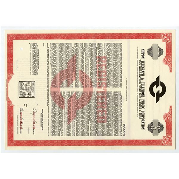 Japan. Nippon Telegraph & Telephone Public Corp., 1977 $Odd Specimen 7 5/8% Reg. Bond