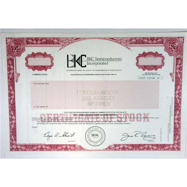 MA. BKC Semiconductors Inc., 1980s Odd Shrs Specimen Stock Cert., XF