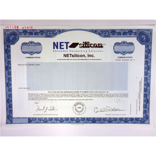 MA. NetSilicon, Inc., 1999 Odd Shrs  Stock Specimen Cert., XF ABNC