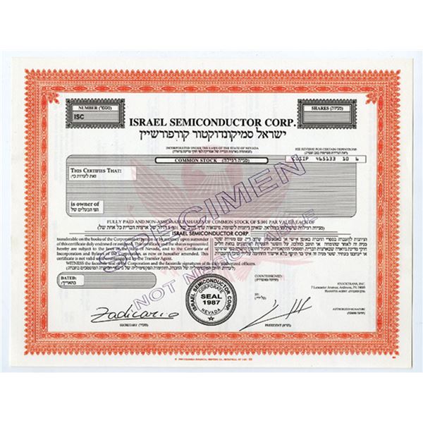 NV. Israel Semiconductor Corp., 1987 Specimen Stock Certificate, XF