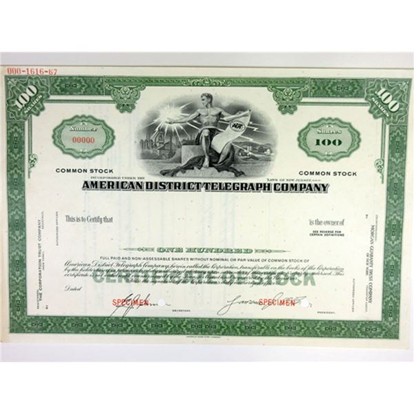 NJ. American District Telegraph Co 1950s Specimen Stock Cert 100 Shr ABN Green