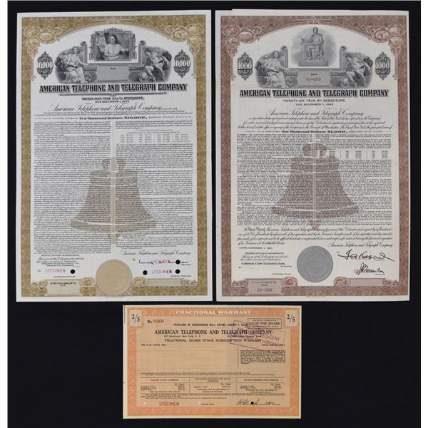 NY. American Telephone and Telegraph Co., 1925 to 1957, Stock and Bond Trio.