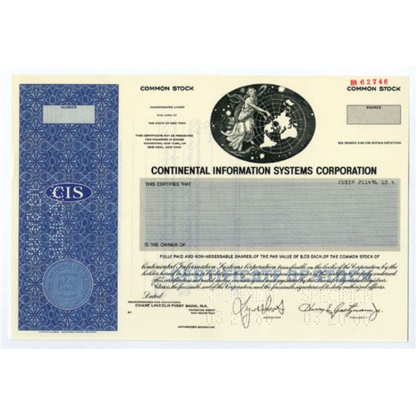 NY. Continental Information Systems Corp., 1986 Specimen Stock Certificate, XF