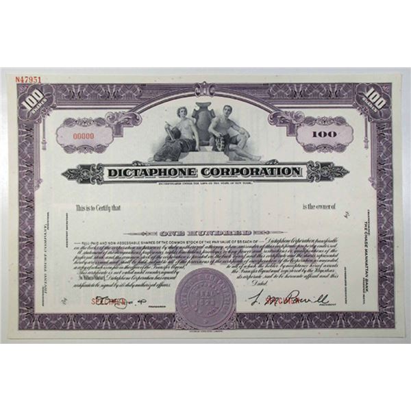 NY. Dictaphone Corp., 1940s 100 Shares Specimen Stock Certificate, VF ABNC