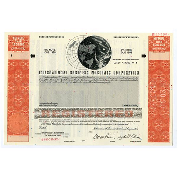 NY. International Business Machines Corp., 1988 <$1,000,000 Reg 9% Specimen Bond