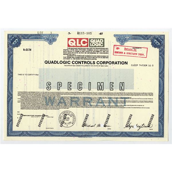 NY. Quadlogic Controls Corp., 1987 Odd Warrants Specimen Stock Certificate, XF