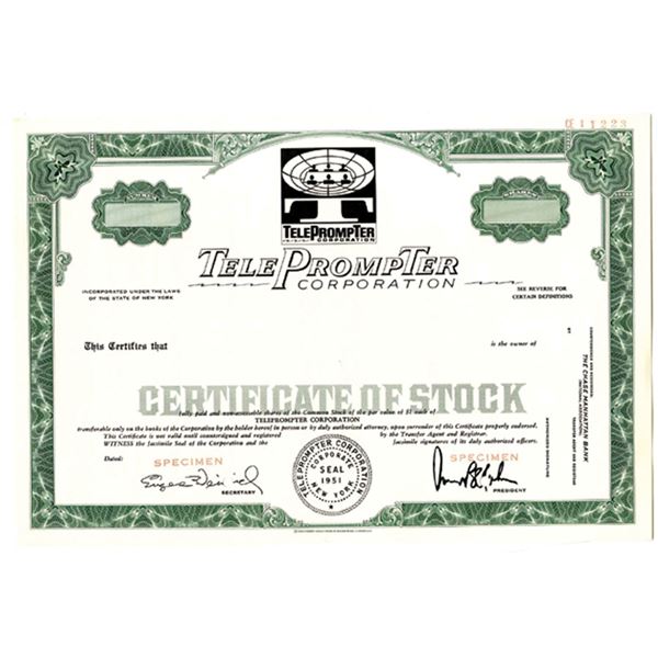 NY. Teleprompter Corp., 1951 Odd Shrs Specimen Stock Cert., XF SCBN Green