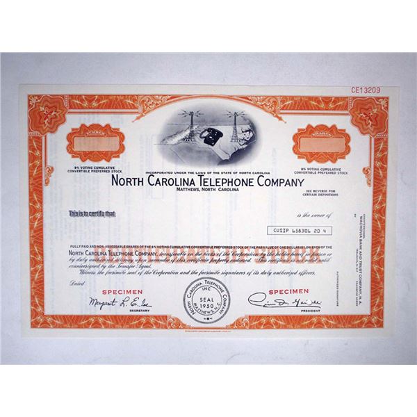 NC. North Carolina Telephone Co., 1950. Specimen preferred Stock Cert. XF SC-BNC