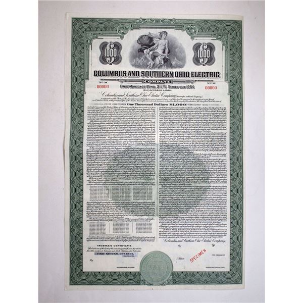 OH. Columbus & Southern Ohio Electric Co., 1954. $1000 Specimen 3 1/4% Coupon Bond