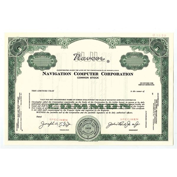 PA. NAVCOR, Navigation Computer Corp. 1955 Specimen Stock Certificate XF SCBN