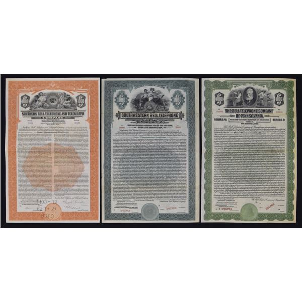 MO & NY. Bell Telephone Co., 1924 to 1939, $1000 Specimen and Issued Bond Trio.