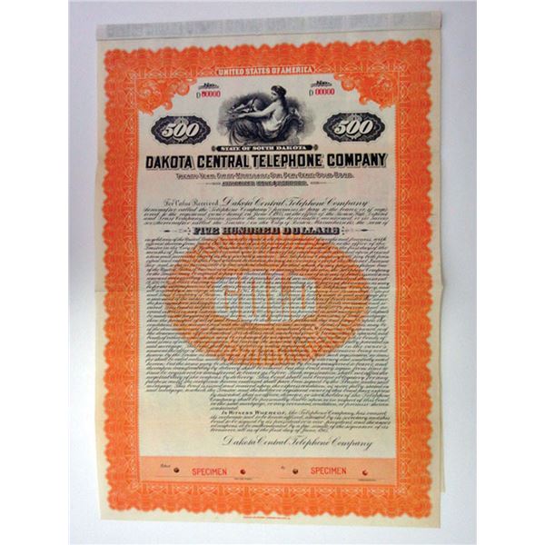 SD. Dakota Central Telephone Co., 1915 $500 Specimen 6% Gold Bond, VF FLABNC