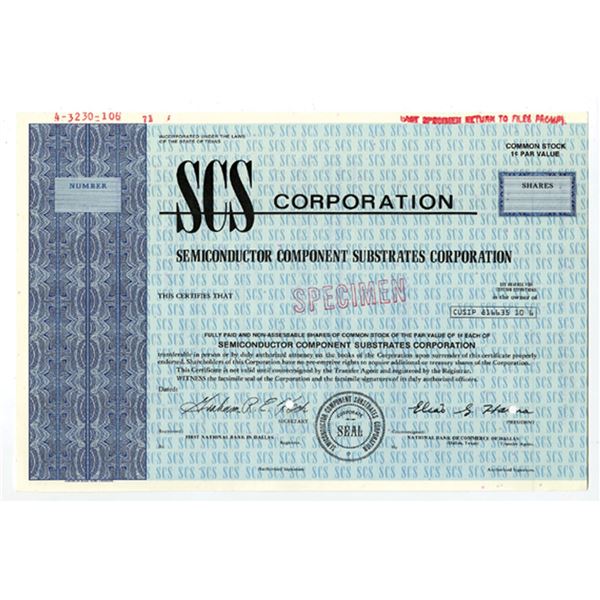 TX. SCS Corp. Semiconductors 1971 Specimen Stock Certificate, XF ABNC