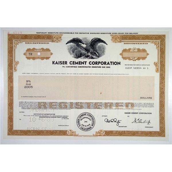 CA. Kaiser Cement Corp., 1980 $Odd Specimen 9% Registered Bond, XF SC-USBN Brown