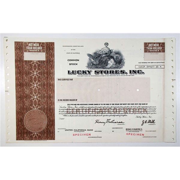 CA. Lucky Stores, Inc., <100,000 Shrs Specimen Stock Cert., VF SC-USBN Brown