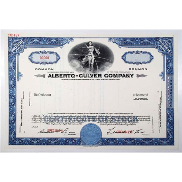 Alberto-Culver Co., 1940s <100 Shrs Specimen Stock Cert., VF-XF ABN Blue