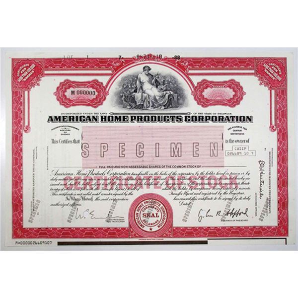 American Home Products Corp., 1988 <100,000 Shrs Specimen Stock Cert., VF-XF