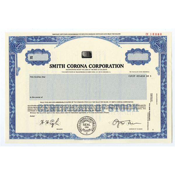 Smith Corona Corp., 1989 Odd Shrs Specimen Temporary Stock Cert., XF SC-USBN