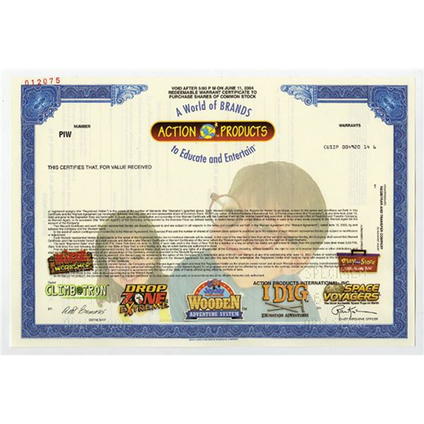 FL. Action Products, 2003 Odd Warrants Specimen Stock Certificate, XF SCBNC-Blue