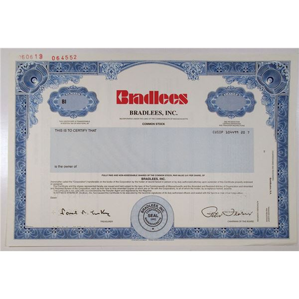 MA. Bradlees, Inc., 1999 Odd Shares Specimen Stock Certificate, VF SC-USBN