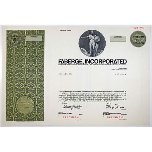MN. Faberge, Inc., 1960s >100 Shrs Specimen Stock Cert., VF-XF SCBN Olive Green