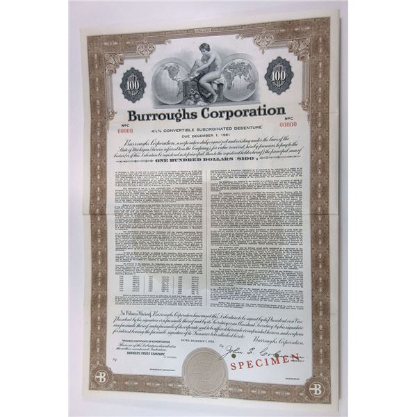 MI. Burroughs Corp., 1956 $100 Specimen 4 1/2% Debenture Bond, XF ABNC